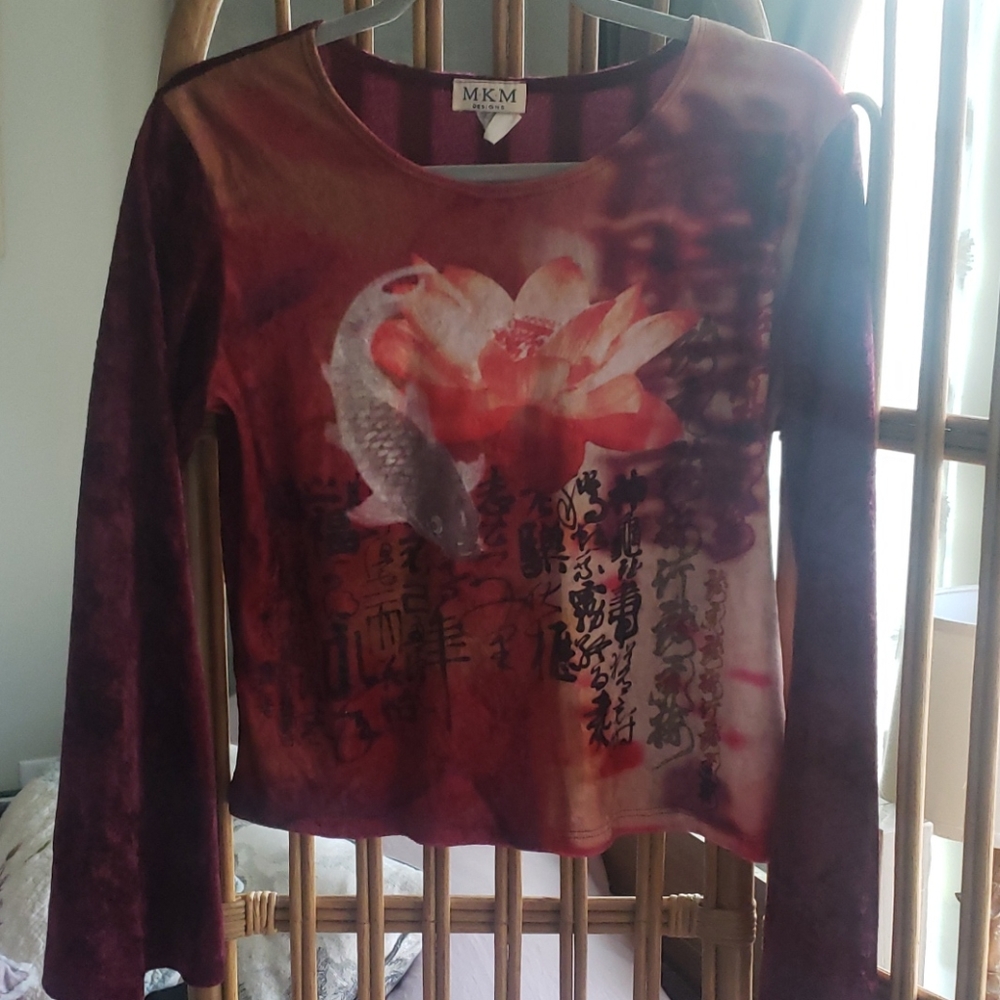 Crushed Velvet Burgundy crop top w/ koi motif